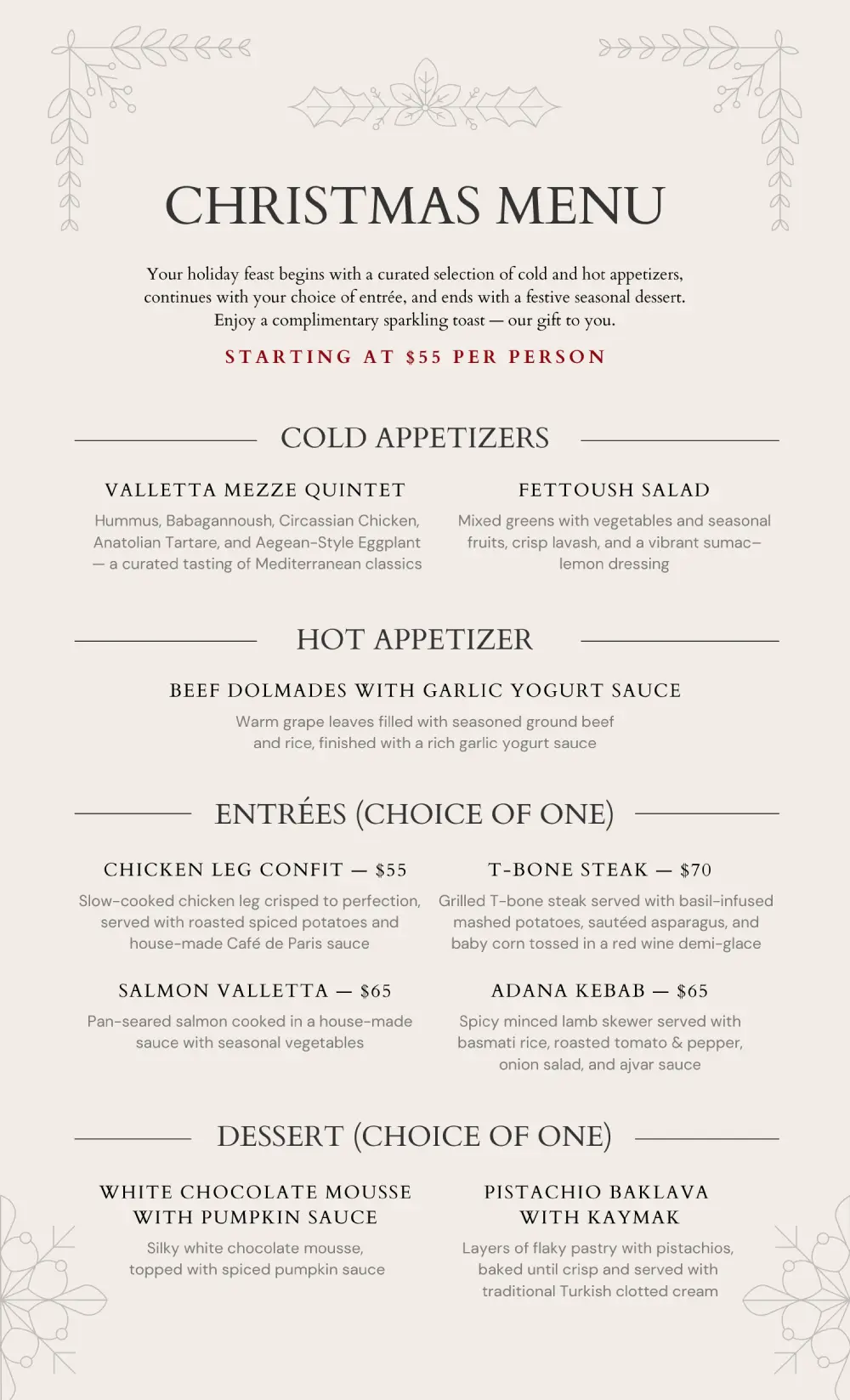 Valletta Port Christmas prix fixe menu